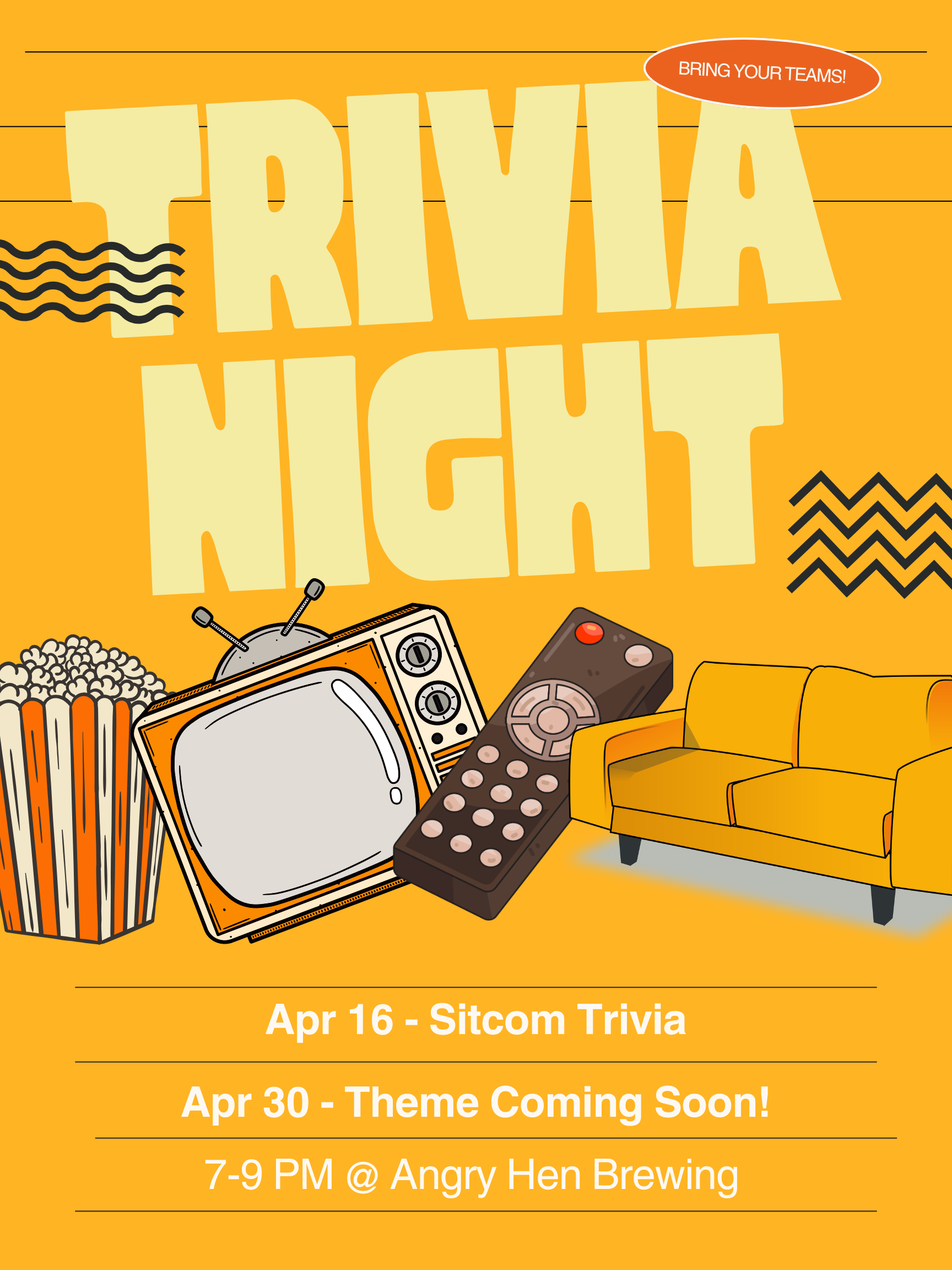 TRIVIA NIGHT @ ANGRY HEN BREWING: Sitcom Trivia | Starts @ 7